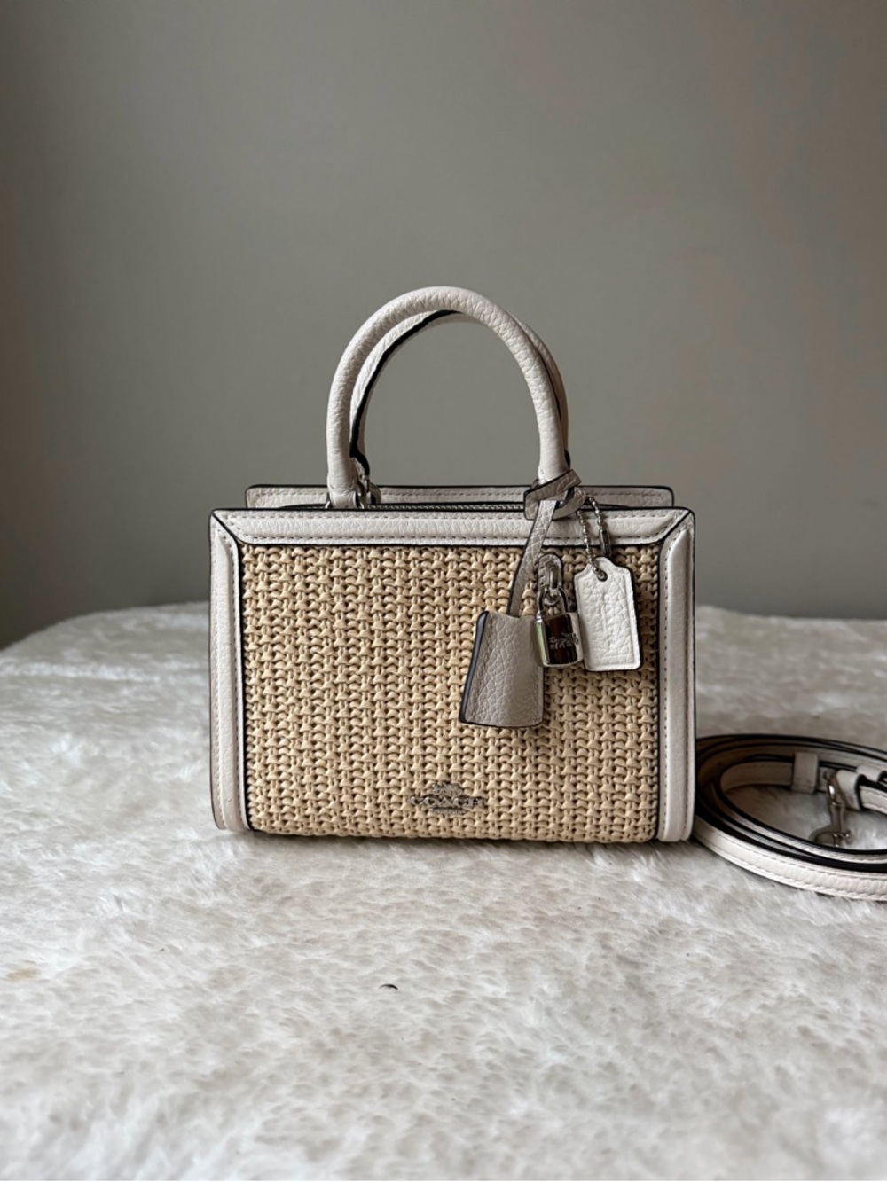 Coach Micro Zoe bag in leather and Woven Straw with Lock & Key